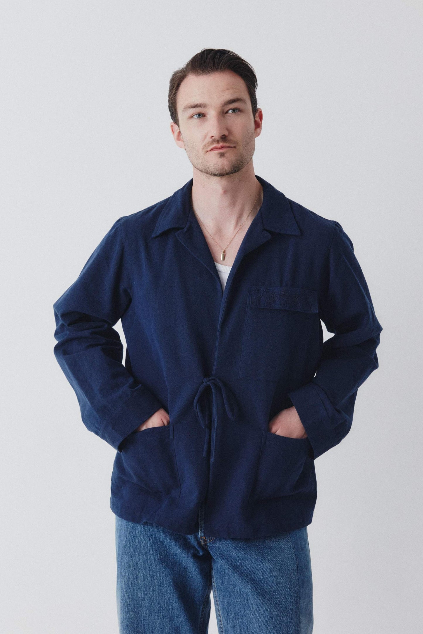 Boxy Jacket - Navy - Hand Embroidered Pocket Detail