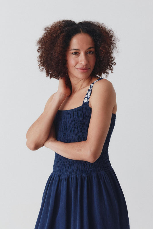 Lucy Sundress - Hand Embroidered Straps- Navy Blue