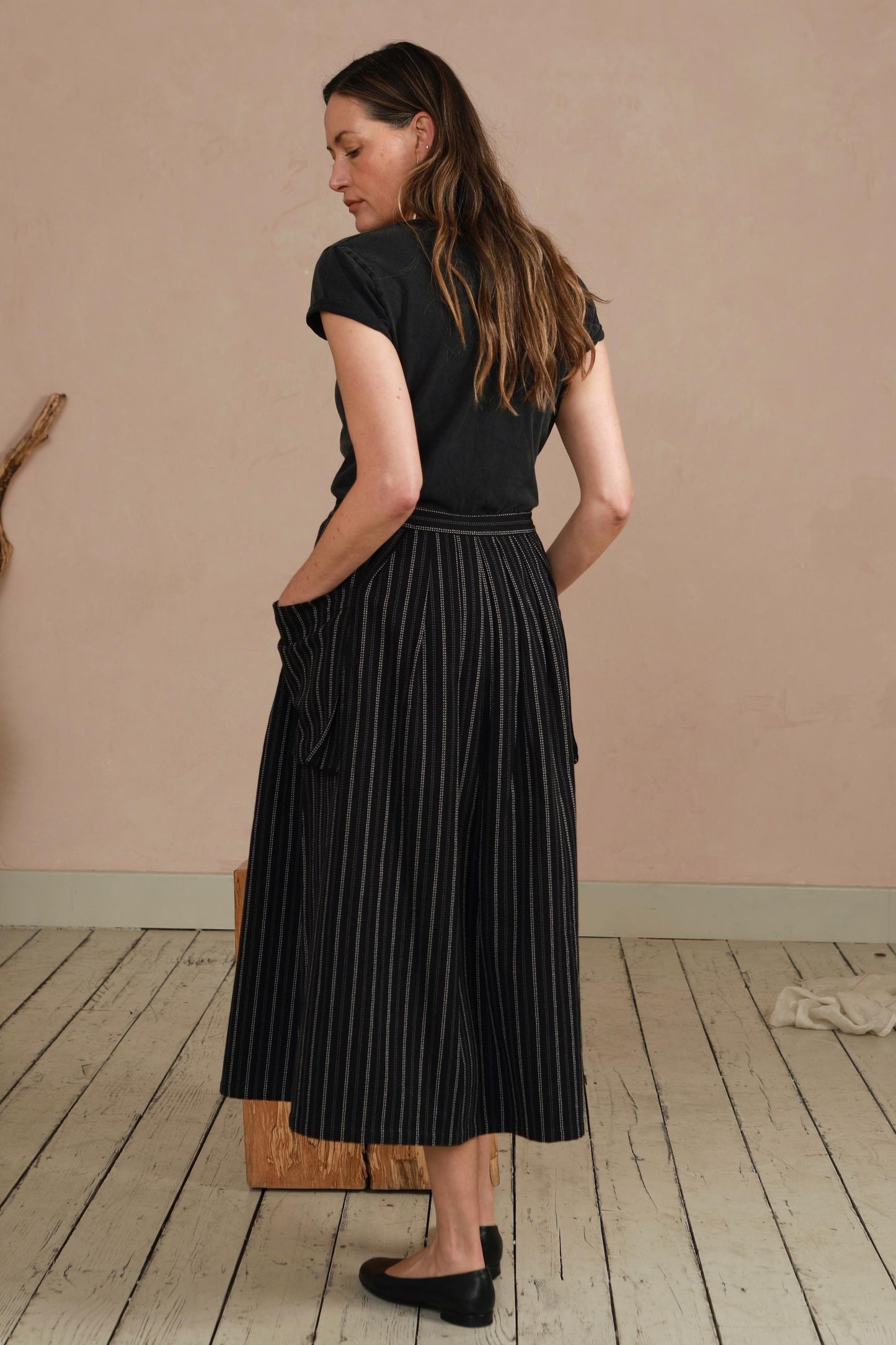 Ruth Skirt in Handwoven Organic Cotton - Black Stripe Stitch