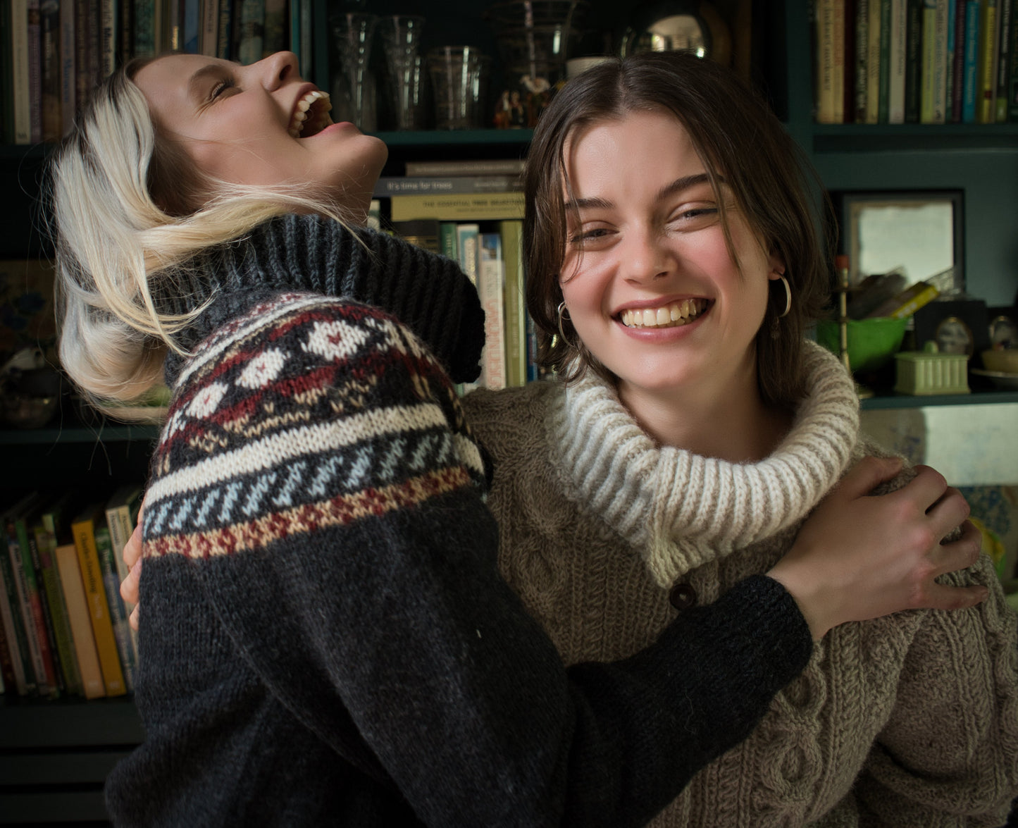 The Phoebe Cardigan with Funnel Neck - Hand Knit with Multi-Pattern in Natural Dark Grey