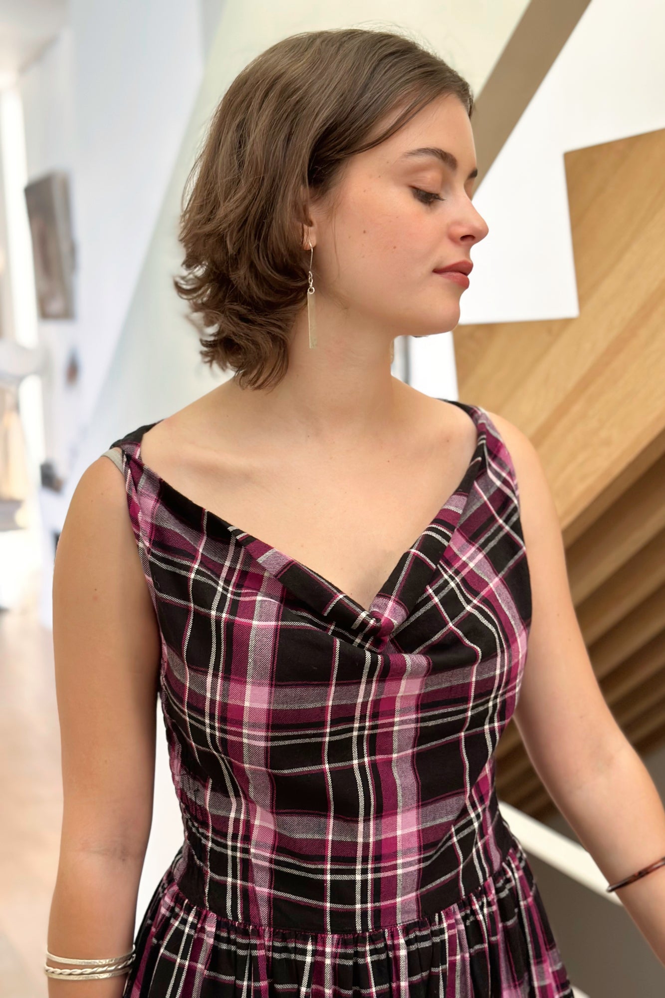 The Celia Cowl Neck Dress in Handwoven Organic Cotton - Berry & Black Check