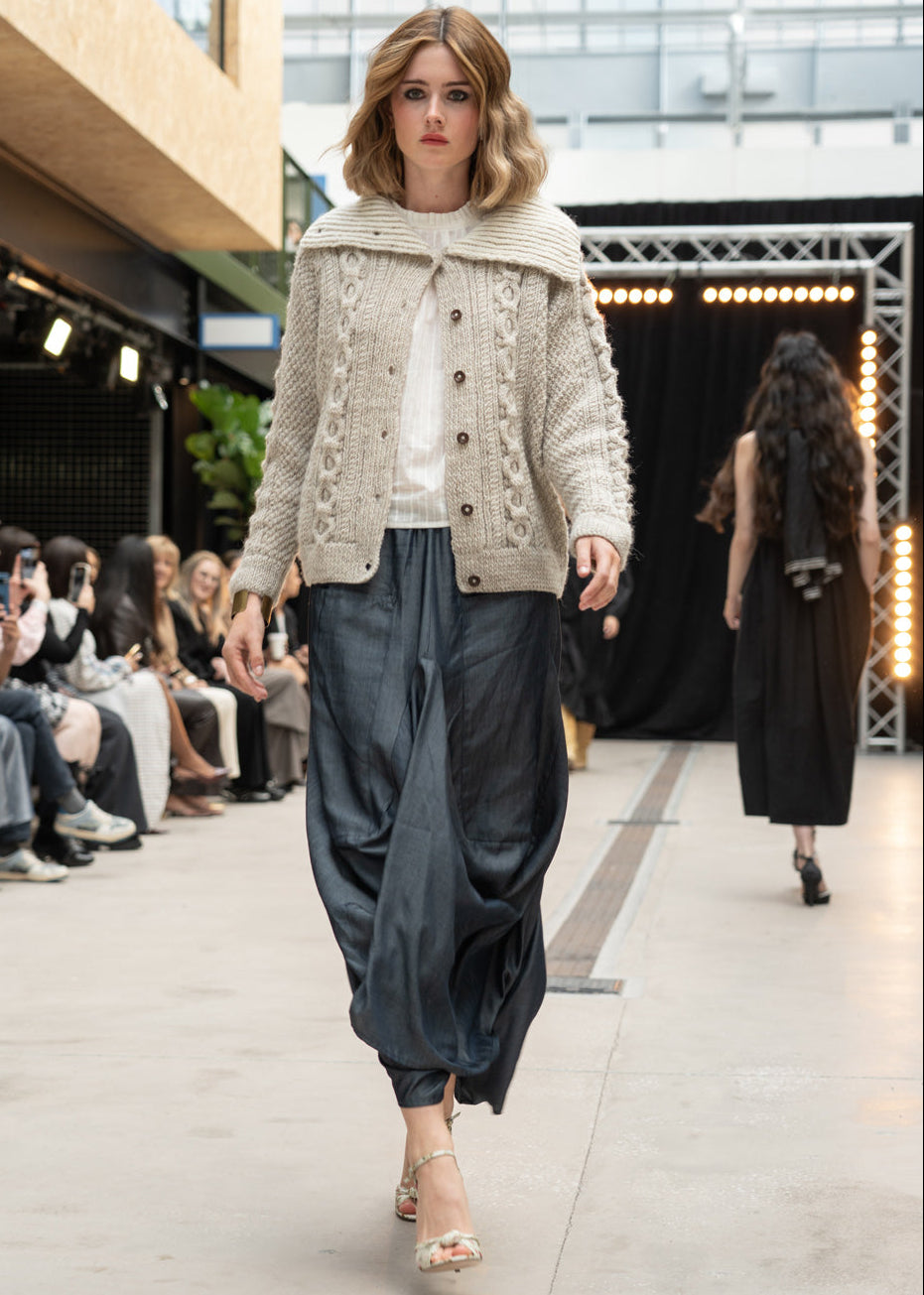 The Chloe Cardigan with Funnel Neck - Hand Knit in Natural Light Grey