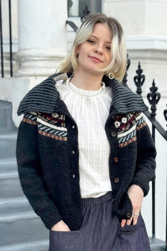 The Phoebe Cardigan with Funnel Neck - Hand Knit with Multi-Pattern in Natural Dark Grey