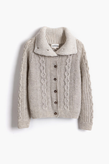 The Chloe Cardigan with Funnel Neck - Hand Knit in Natural Light Grey