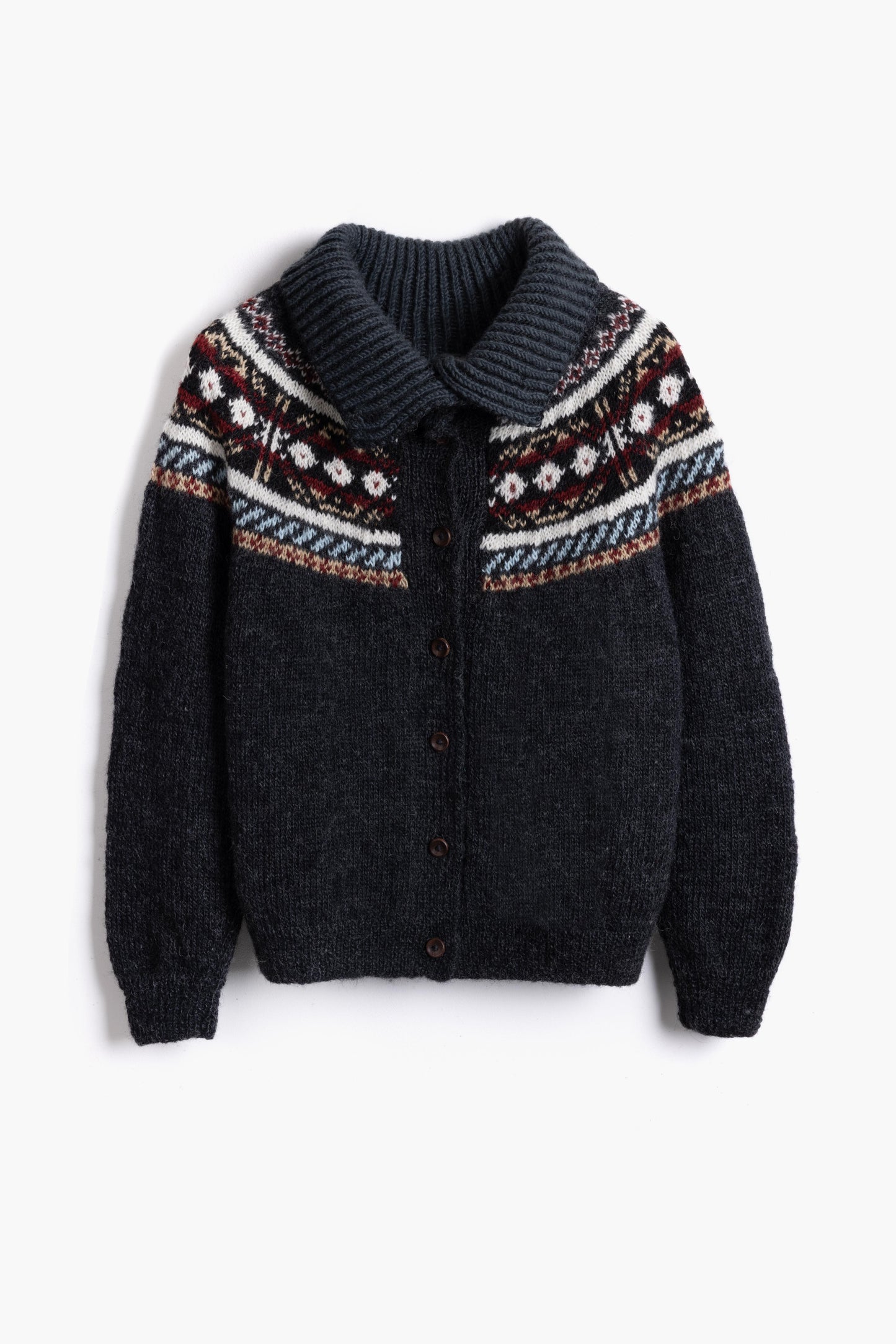 The Phoebe Cardigan with Funnel Neck - Hand Knit with Multi-Pattern in Natural Dark Grey