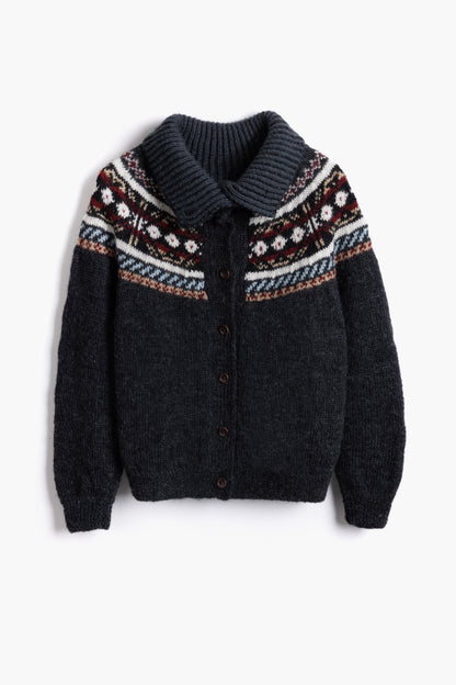The Phoebe Cardigan with Funnel Neck - Hand Knit with Multi-Pattern in Natural Dark Grey