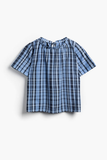 Shayla Top - Reversible Frill-Neck - Blue Check