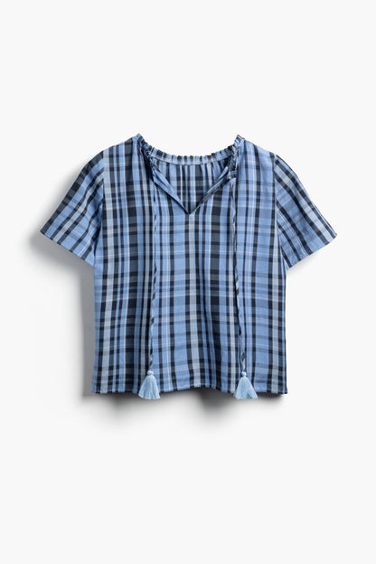 Shayla Top - Reversible Frill-Neck - Blue Check