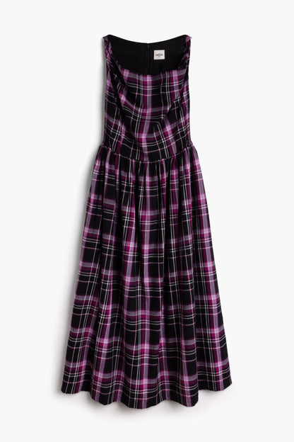 The Celia Cowl Neck Dress in Handwoven Organic Cotton - Berry & Black Check