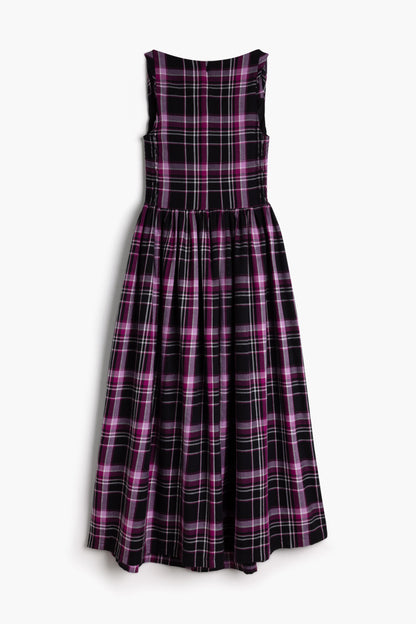 The Celia Cowl Neck Dress in Handwoven Organic Cotton - Berry & Black Check