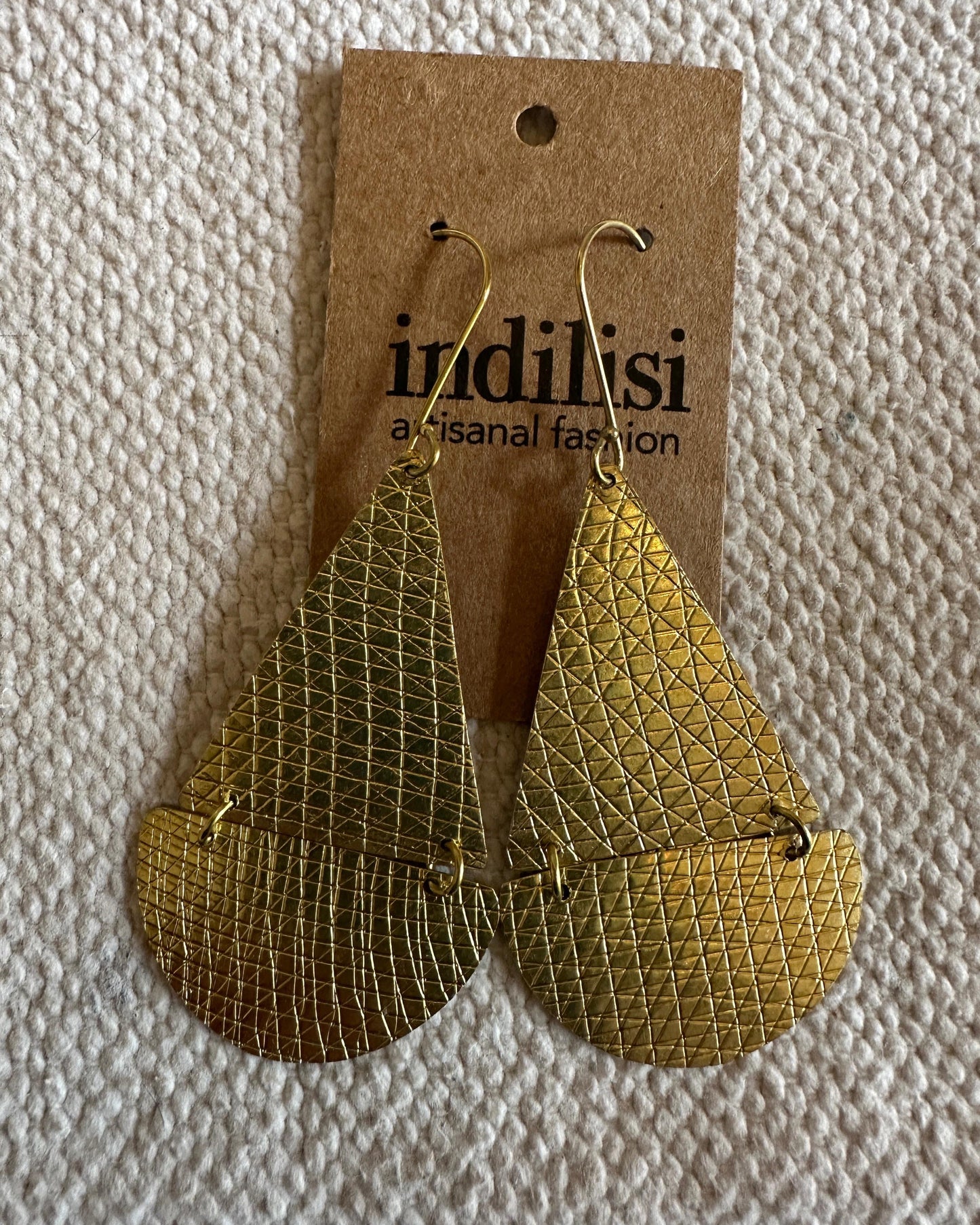 Large Petal Drop Cross-Hatch Earrings - Brass
