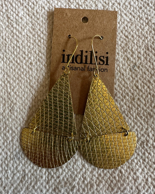 Large Petal Drop Cross-Hatch Earrings - Brass