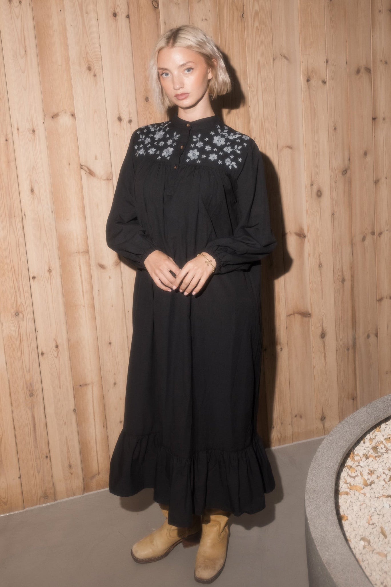 Yuka Yoke Frill Dress with Hand Embroidery - Black