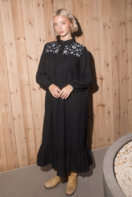 Yuka Yoke Frill Dress with Hand Embroidery - Black