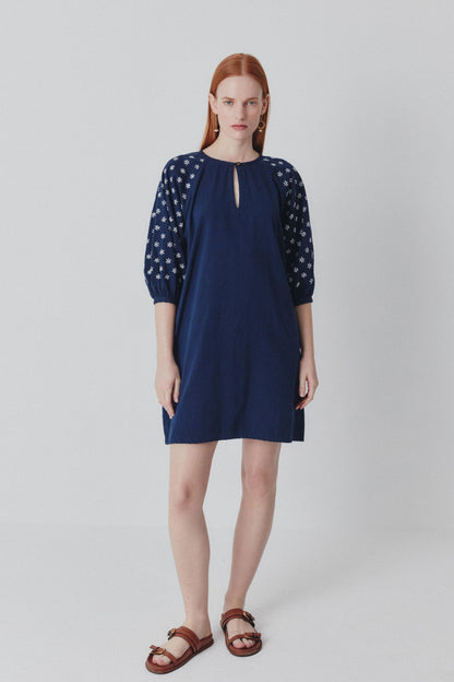 Daisy Dress - Hand Embroidered - Navy