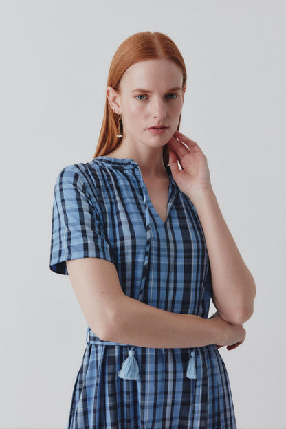 Shayla Dress - Reversible Maxi - Blue Check