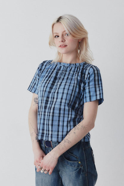 Shayla Top - Reversible Frill-Neck - Blue Check