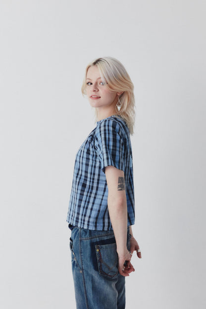 Shayla Top - Reversible Frill-Neck - Blue Check