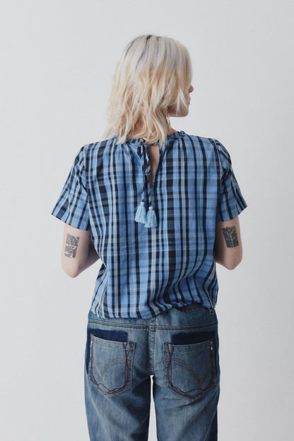 Shayla Top - Reversible Frill-Neck - Blue Check