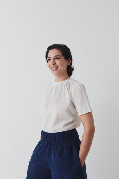 Shayla Top - Reversible Frill-Neck - White Self-Check