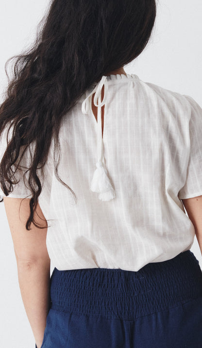 Shayla Top - Reversible Frill-Neck - White Self-Check