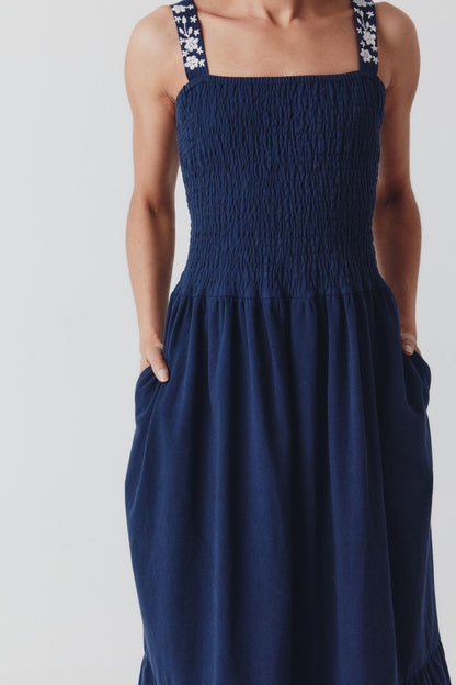 Lucy Sundress - Hand Embroidered Straps- Navy Blue