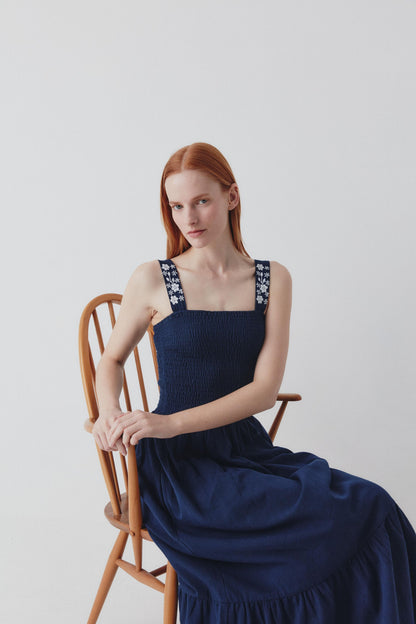 Lucy Sundress - Hand Embroidered Straps- Navy Blue