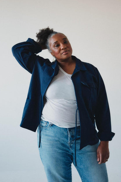 Women's Boxy Jacket - Navy - Hand Embroidered Pocket Detail