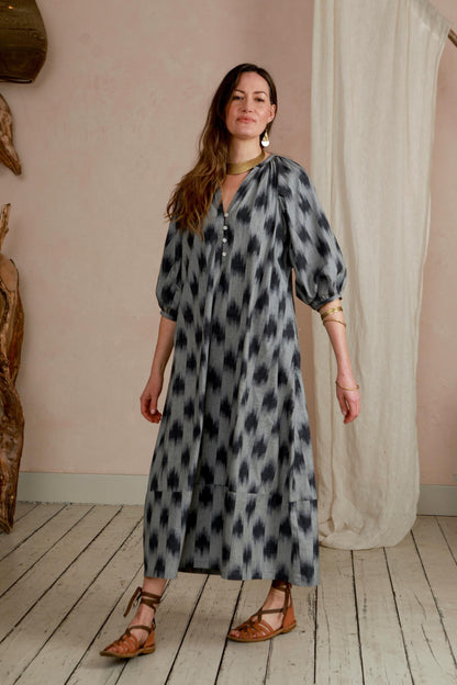 Safari Dress - Grey ikat Weave - with tie belt