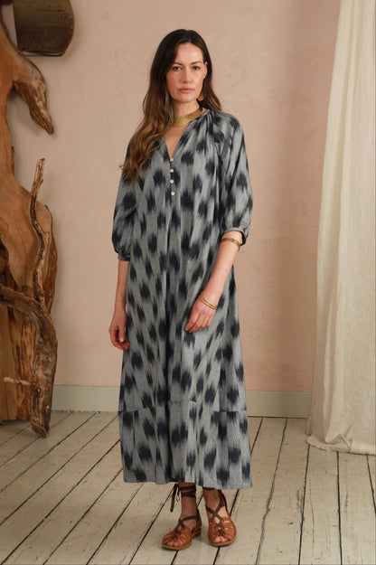 Safari Dress - Grey ikat Weave - with tie belt