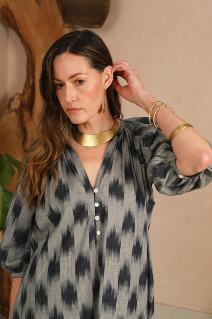 Safari Dress - Grey ikat Weave - with tie belt