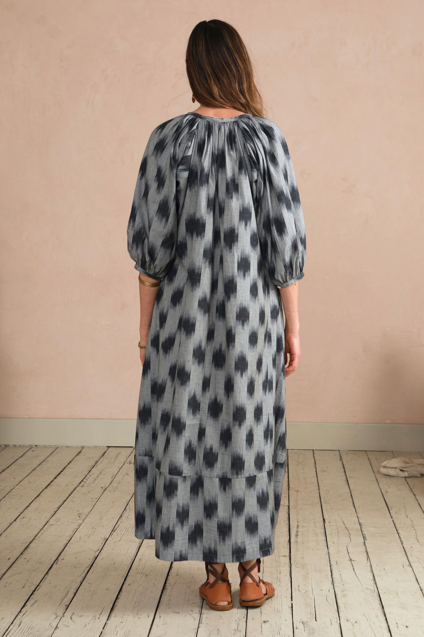 Safari Dress - Grey ikat Weave - with tie belt