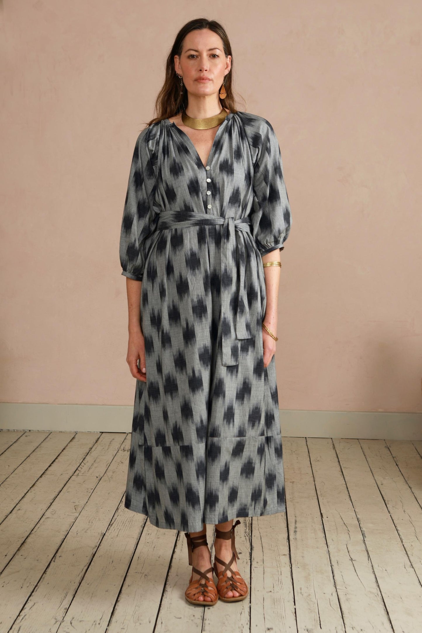 Safari Dress - Grey ikat Weave - with tie belt