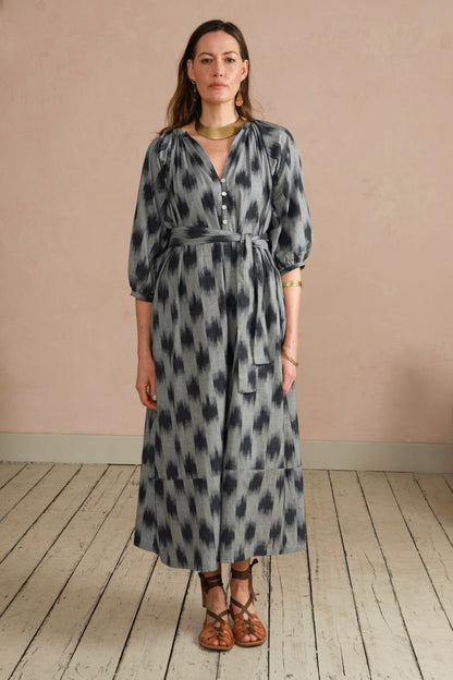 Safari Dress - Grey ikat Weave - with tie belt