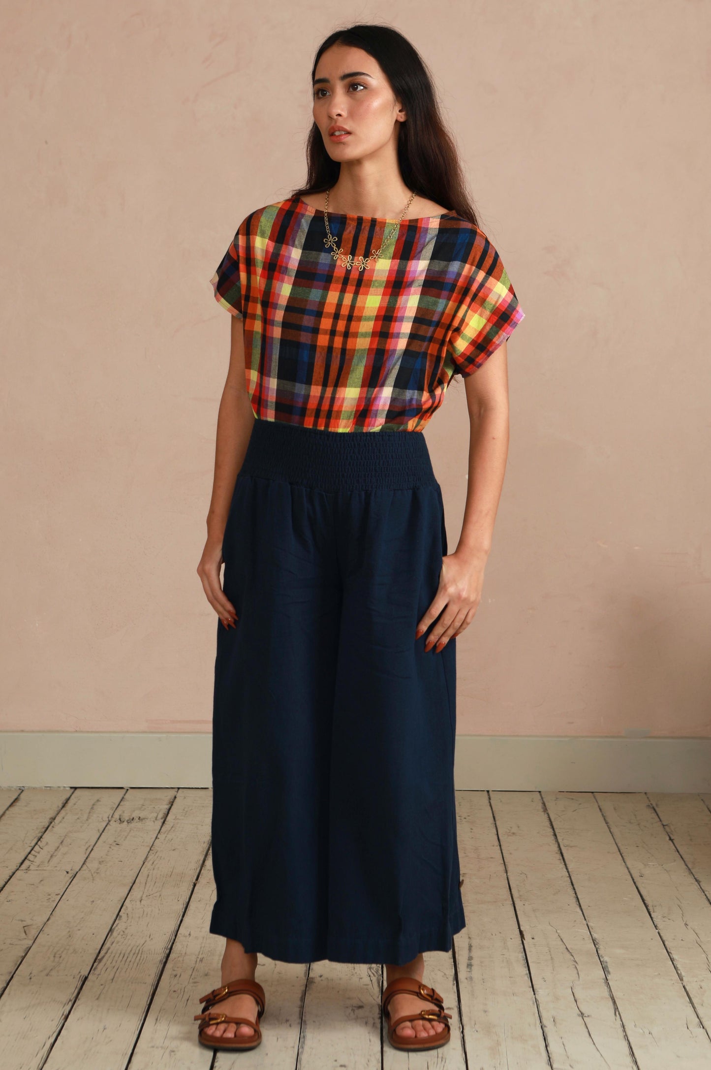 Boat Neck Top - Multi Check (Longer Length)