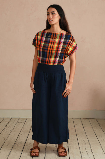 Wide Leg Trousers in Handwoven Organic Cotton - (Medium Weight Twill) - Navy