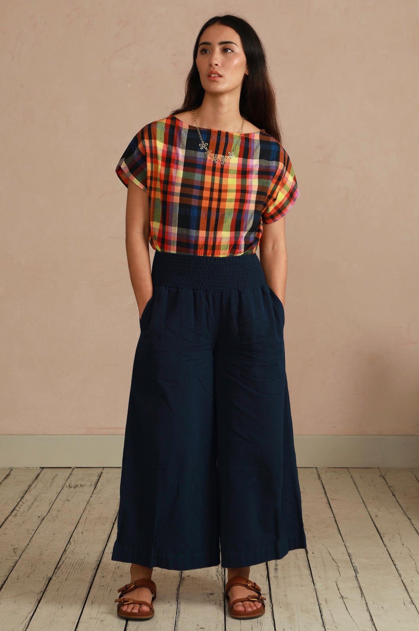 Wide Leg Trousers in Handwoven Organic Cotton - (Medium Weight Twill) - Navy