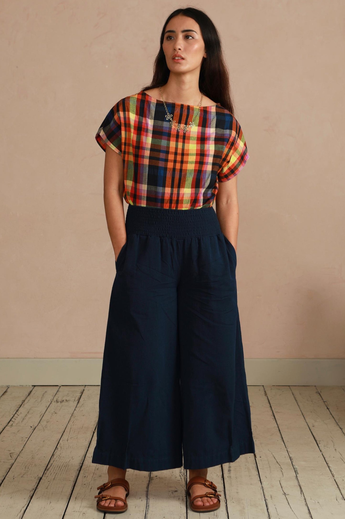 Boat Neck Top - Multi Check (Shorter Length)