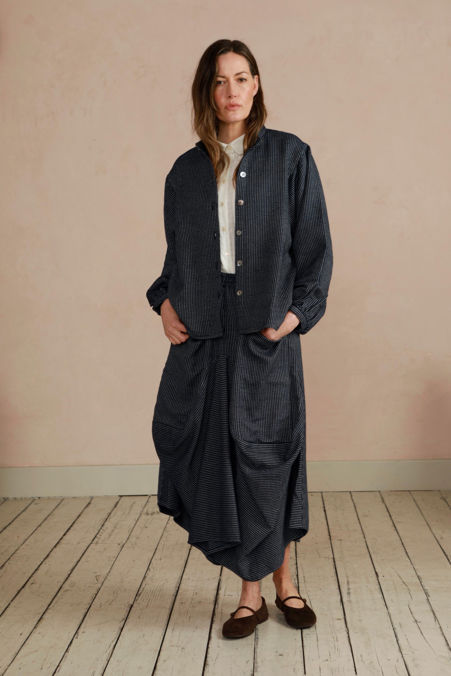 Women's Shacket - Navy White Dot Hand Weave
