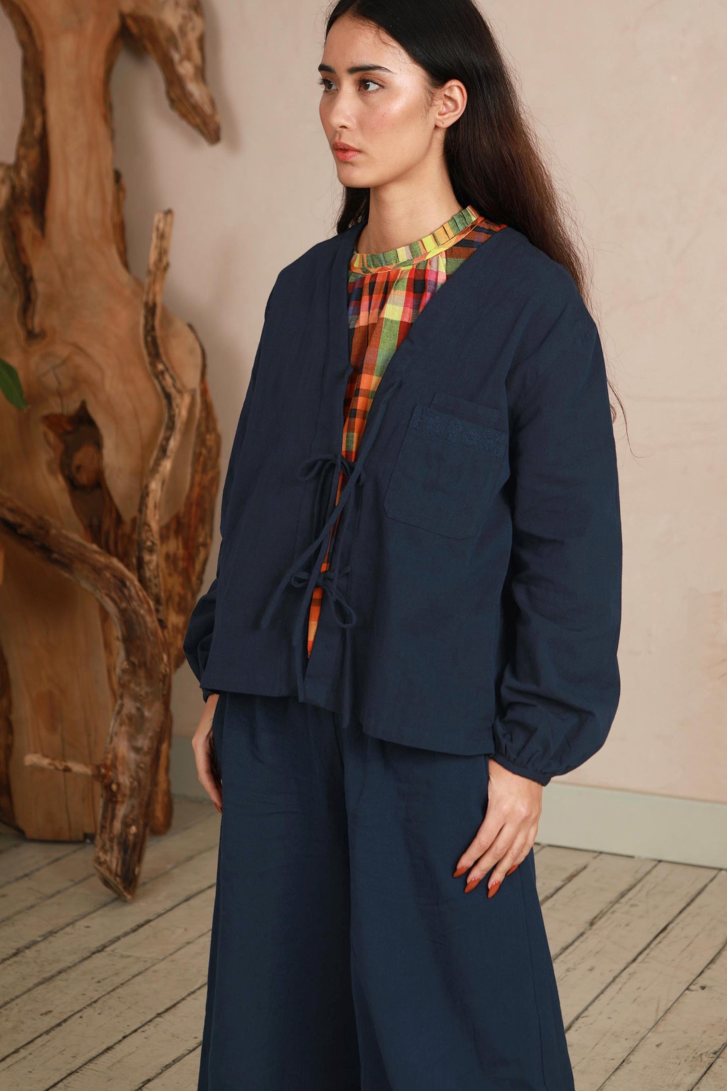 Shay Tie Jacket - Navy Twill with Hand Embroidery