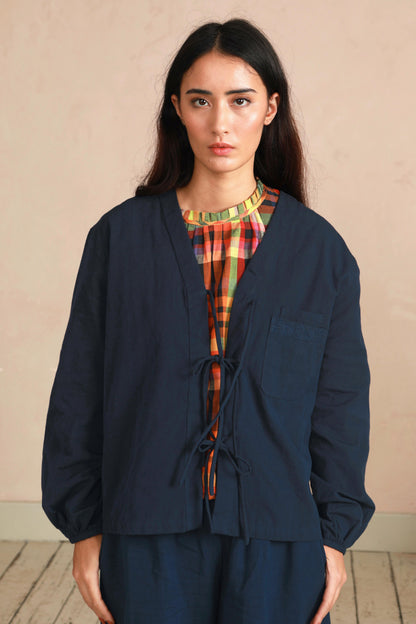 Shay Tie Jacket - Navy Twill with Hand Embroidery