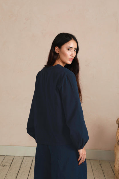Shay Tie Jacket - Navy Twill with Hand Embroidery