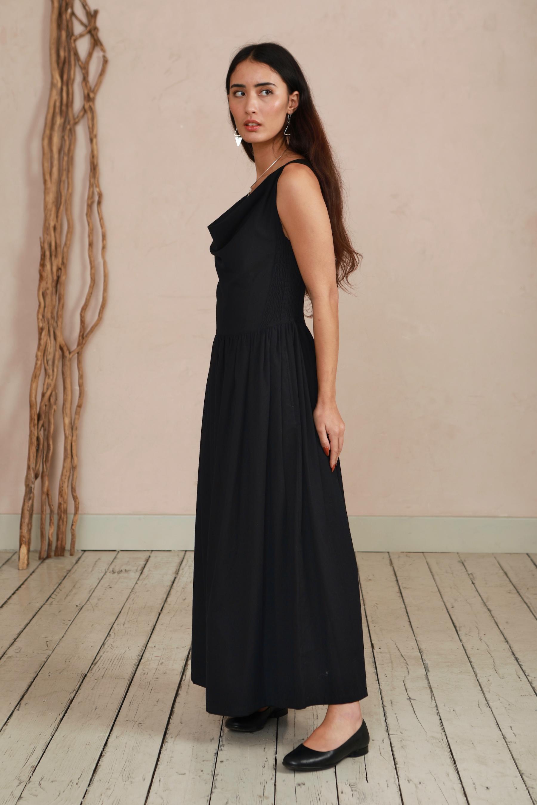 The Celia Cowl Neck Dress in Handwoven Organic Cotton