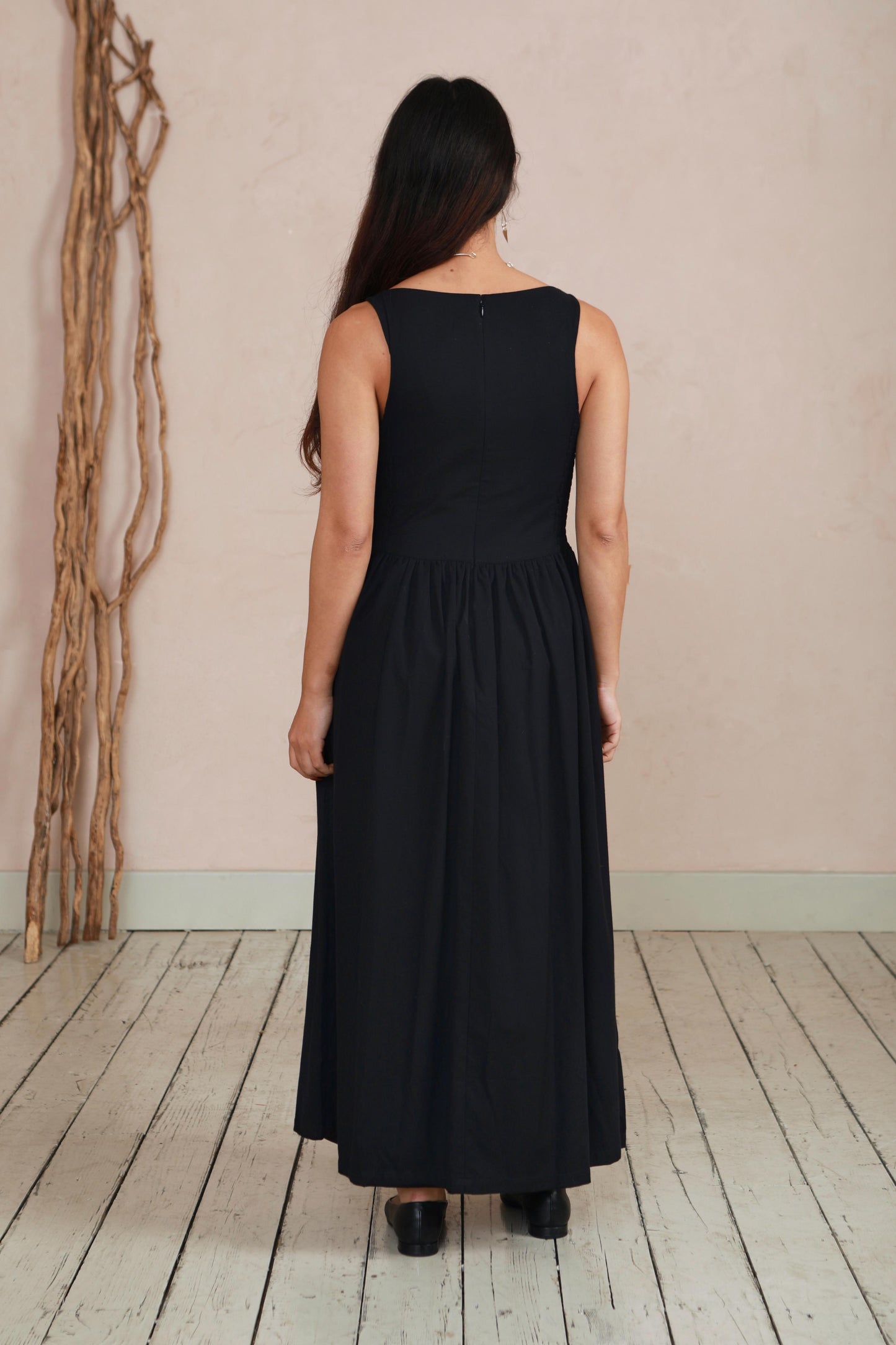 The Celia Cowl Neck Dress in Handwoven Organic Cotton - Black Twill