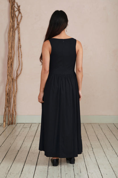 The Celia Cowl Neck Dress in Handwoven Organic Cotton - Black Twill