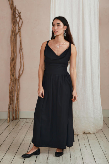 The Celia Cowl Neck Dress in Handwoven Organic Cotton - Black Twill