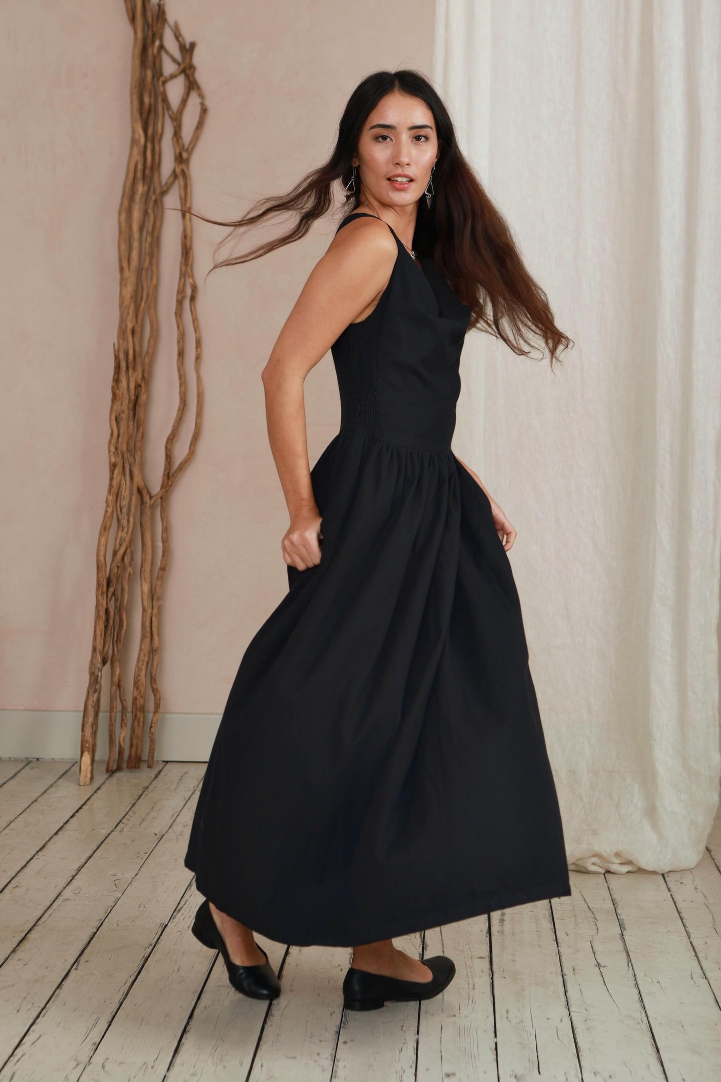 The Celia Cowl Neck Dress in Handwoven Organic Cotton - Black Twill