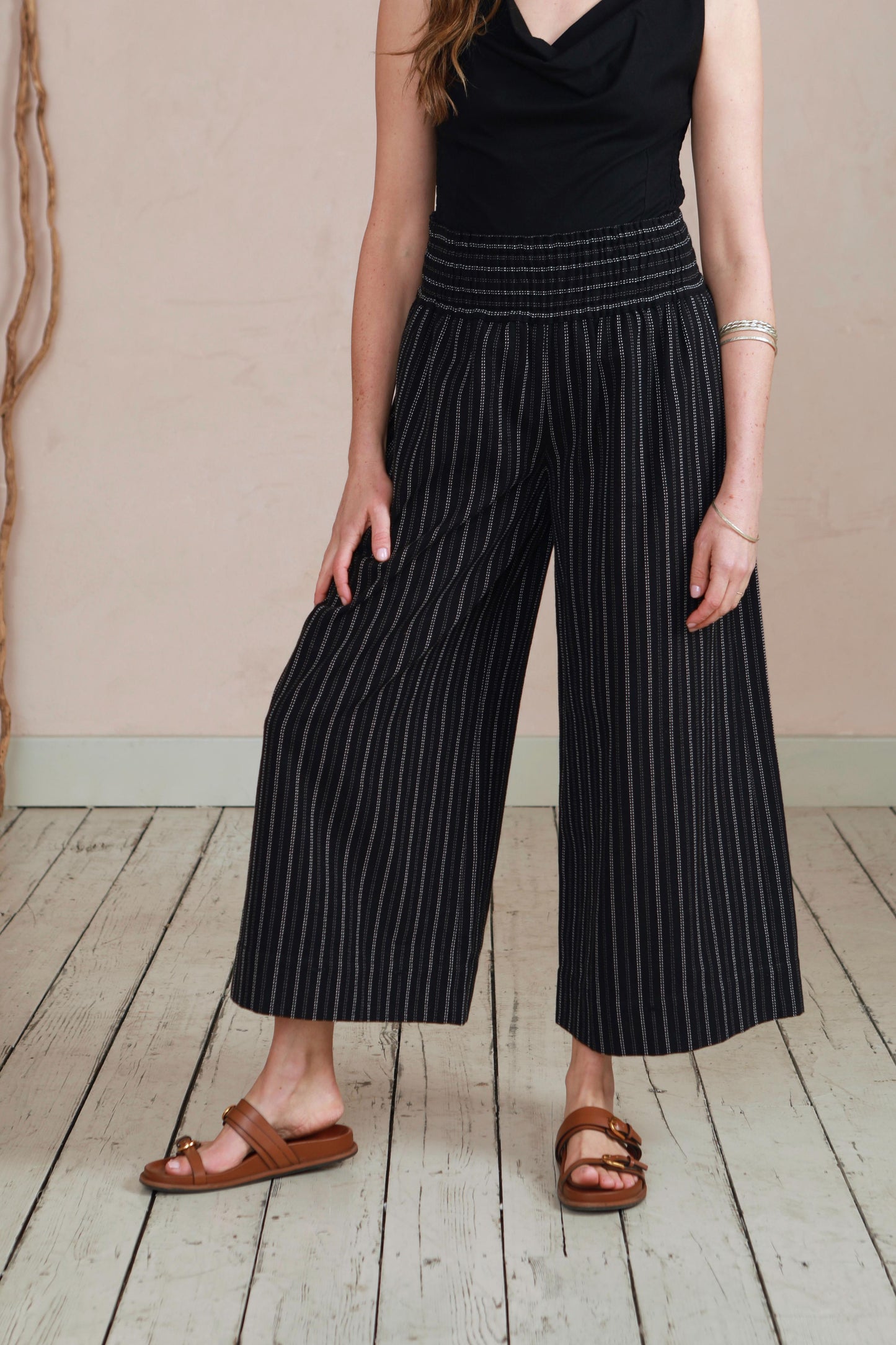 Wide Leg Trousers in Handwoven Organic Cotton - Black Stripe