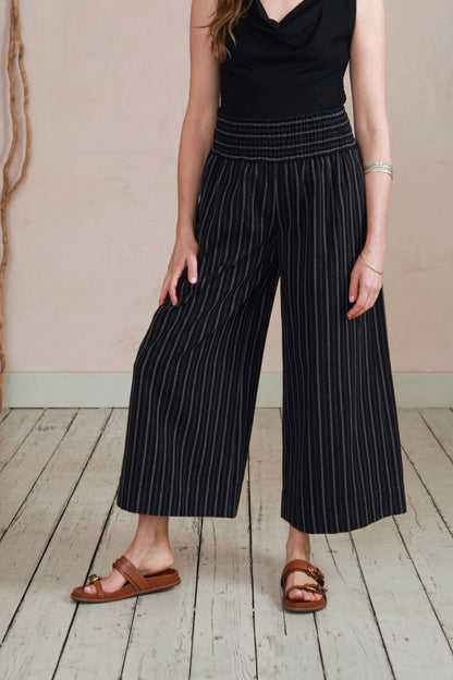 Wide Leg Trousers in Handwoven Organic Cotton - Black Stripe