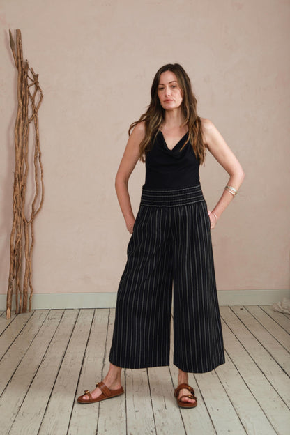 Wide Leg Trousers in Handwoven Organic Cotton - Black Stripe